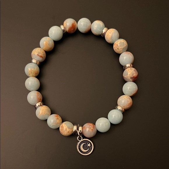 Hand Crafted Jewelry - Hand Crafted Blue and Brown Beaded Bracelet with Silver Moon Charm